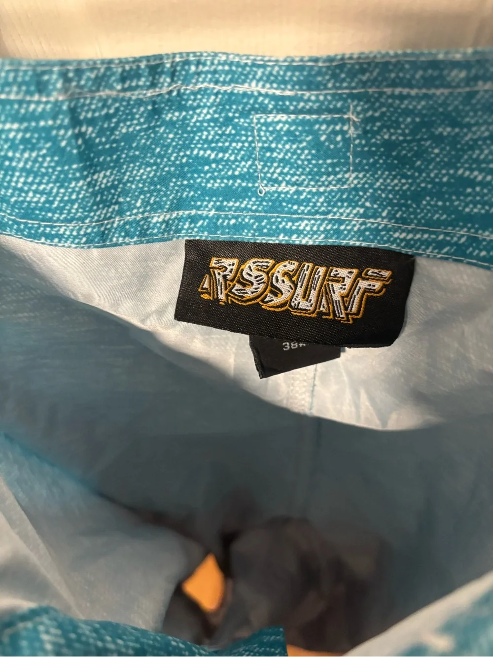 Men's Teal and Gray Striped Swim Trunks Size 38
